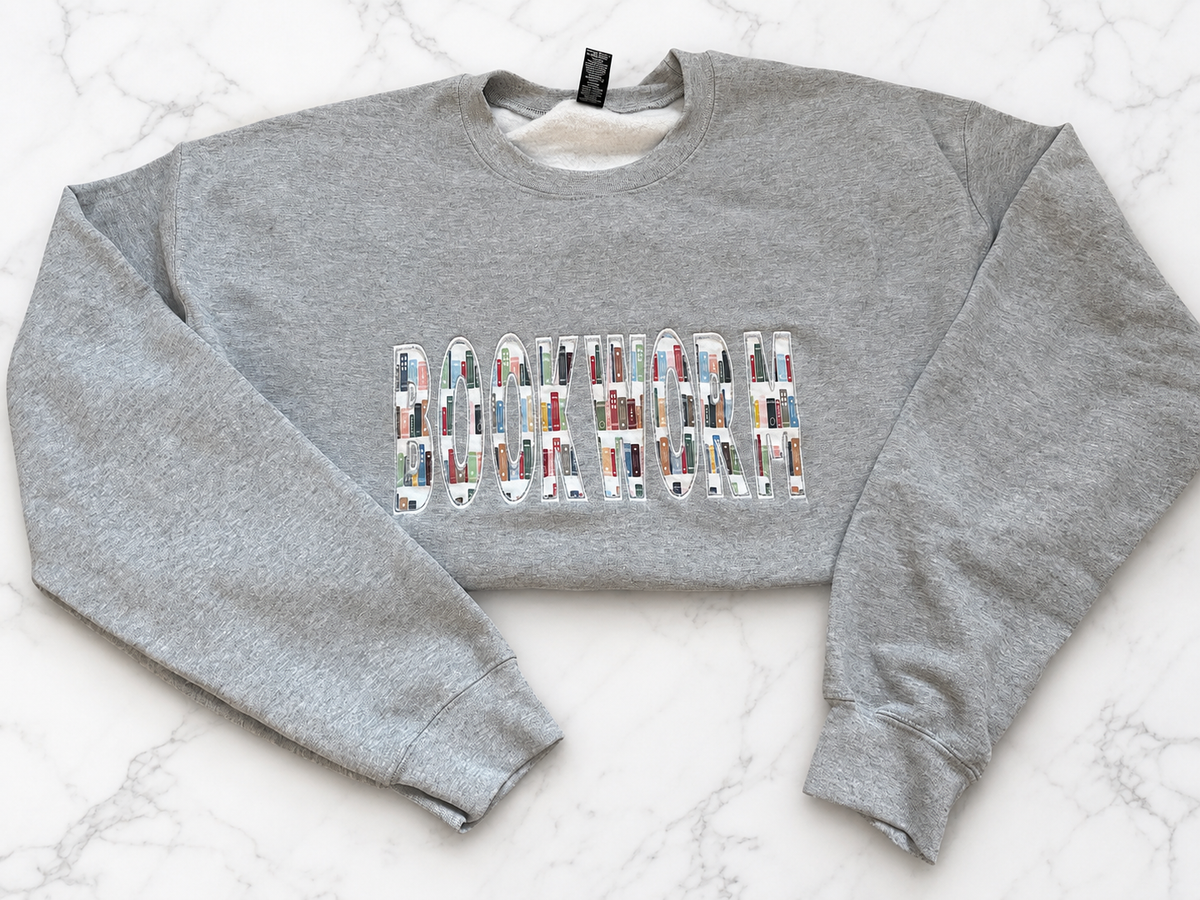 Bookworm Appliqué Embroidered Crewneck Sweatshirt