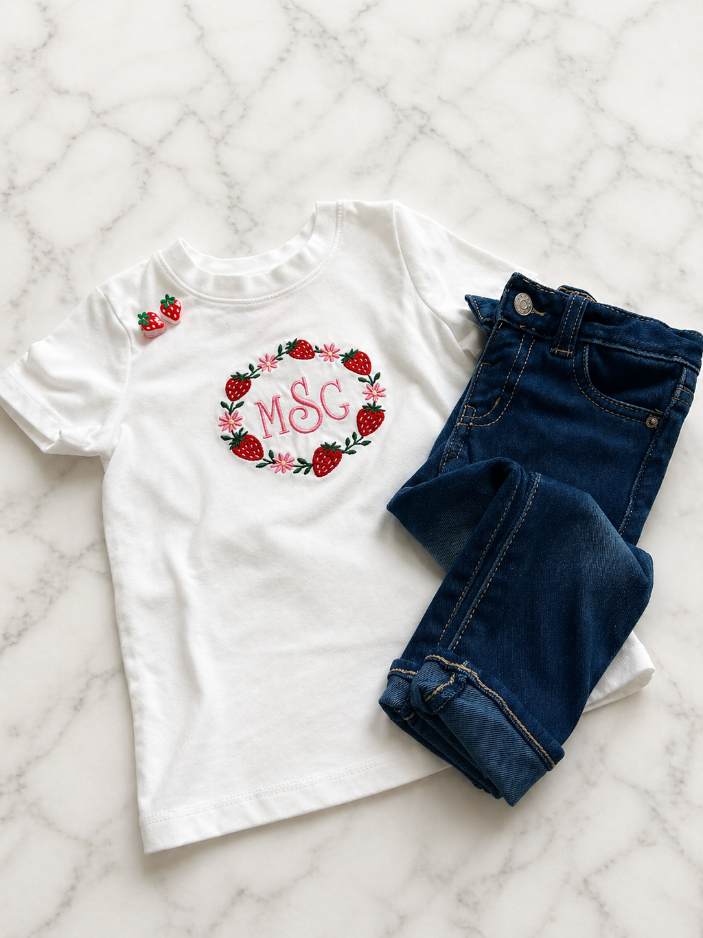 Strawberry Monogram Embroidered Toddler/ Kids Tee