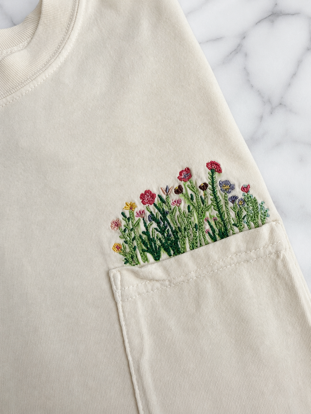 Floral Pocket Tee | Embroidered Wildflower T-Shirt
